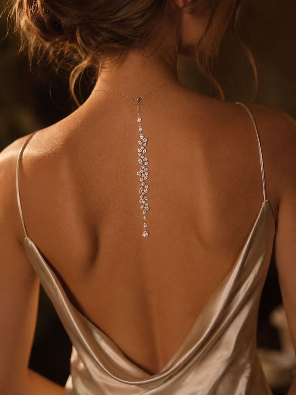 Anthropologie Gold Tone Crystal Back Drop Necklace Bridal Wedding Lariat NWOT